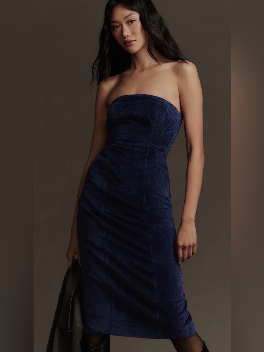 Pilcro Strapless Corduroy Slim Midi Dress in Blue Size 2 - Picture 3 of 8